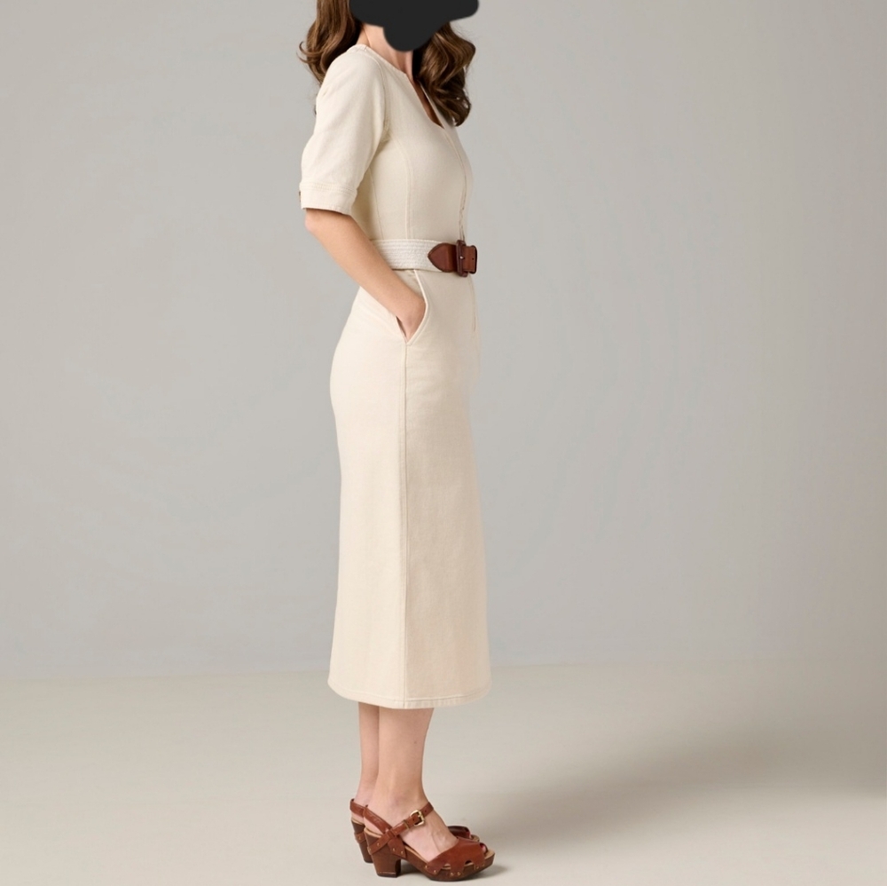 Denim Cream Midi Dress With Front Zip